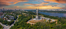 Aerial View Of The Mother Motherland Monument In Kiev. Historical Sights Of Ukraine. Beautiful Scenic View Of Kyiv.