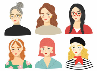 set of women vector illustration. Different beauty. Women avatars. Various hairstyles and fashion. Colored hand drawn vector illustration.
