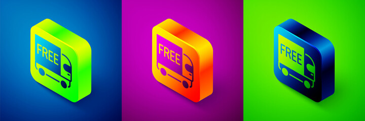 Canvas Print - Isometric Free delivery service icon isolated on blue, purple and green background. Free shipping. 24 hour and fast delivery. Square button. Vector