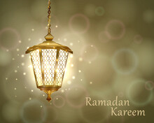 Golden Glowing Lantern On Bokeh Light Background. Ramadan Kareem.