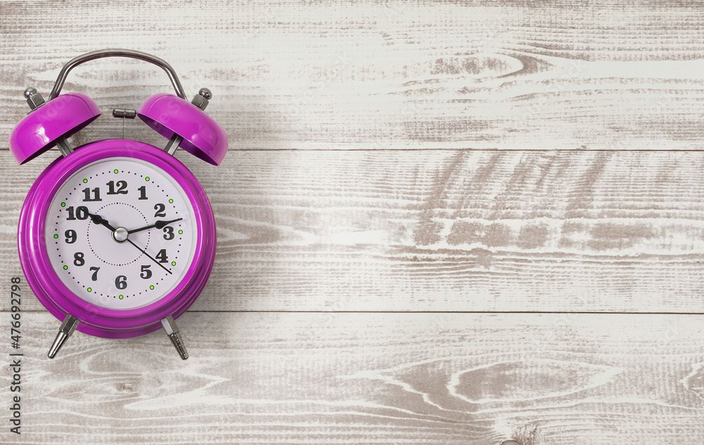 Purple Alarm Clock On A White Wooden, Purple Alarm Clock
