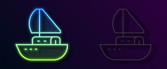 Wall Mural - Glowing neon line Yacht sailboat or sailing ship icon isolated on black background. Sail boat marine cruise travel. Vector