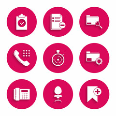 Sticker - Set Briefcase, Office chair, Bookmark, Folder settings with gears, Telephone, handset, Search concept folder and Completed task icon. Vector