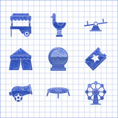 Wall Mural - Set Magic ball, Jumping trampoline, Ferris wheel, Ticket, Cannon, Circus tent, Seesaw and Fast street food cart with awning icon. Vector