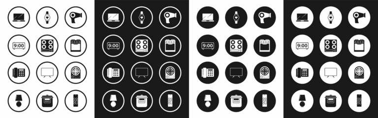 Sticker - Set Hair dryer, Gas stove, Digital alarm clock, Laptop, Oven, Smart watch showing heart beat rate, Electric heater and Telephone icon. Vector