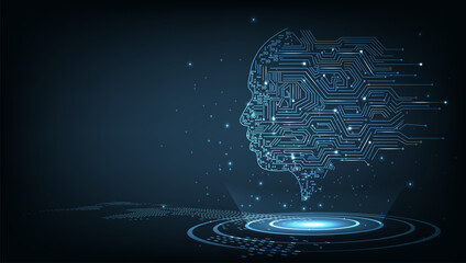 Poster -  Electronic brain and Concept of artificial intelligence(AI).Graphic of a digital brain and Human head outline made from circuit board, connecting on dark blue background. 