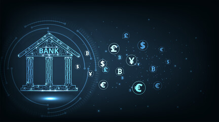 Aufkleber -  Banking Technology concept.Isometric illustration of bank on dark blue technology background. Digital connect system.Financial and Banking technology concept.Vector illustration.EPS 10.