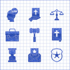 Poster - Set Judge gavel, The arrest warrant, Police badge, Holy bible book, Old hourglass, Briefcase, Scales of justice and Head with law icon. Vector