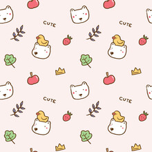 Seamless Pattern With Cartoon Bear Face , Duck, Apple, Strawberry And Leaf Design On Light Pink Background