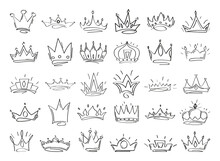 Collection Of Linear Crowns In Doodle Style.
