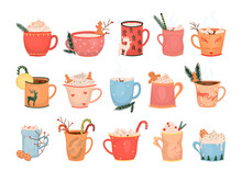 Set Of Christmas Hot Drinks In Colorful Mugs. Detailed New Years Illustrations.