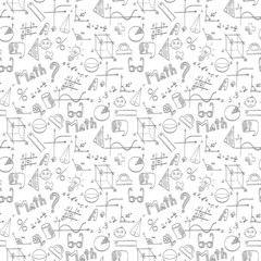 Wall Mural - Seamless pattern on the theme of the school, of education and of the subject mathematics, the dark hand-drawn graphics, formulas, and icons on white background