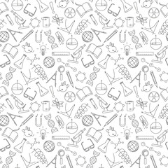 Wall Mural - Seamless pattern on the theme of science and inventions, diagrams, charts, and equipment, simple contour icons on white background