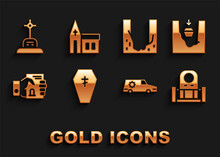 Set Coffin With Cross, Grave, Grave Tombstone, Hearse Car, Death Certificate Hand, Cemetery Digged Hole, And Church Building Icon. Vector