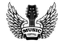 Rock Music Festival. Illustration Of Winged Rock Guitar. Design Element For Logo, Label, Sign. Vector Illustration