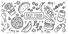 Fast  Food. Simple Doodle Outline Style. Vector Stock Black And White Illustration.