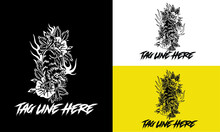 Logo Design Wolf, Rose And Flame Vector Black And White Illustration Design