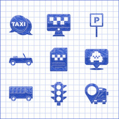 Poster - Set Taxi driver license, Traffic light, Location with bus, taxi, Bus, Car, Parking and call telephone service icon. Vector