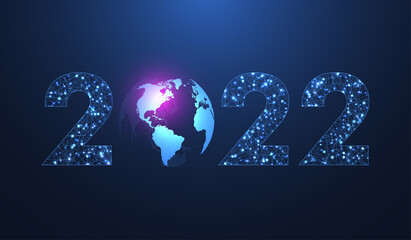 Fototapete - Modern futuristic technology template illustration for Merry Christmas and Happy New Year 2022 with connected lines and dots. Plexus geometric effect. Global network connection.