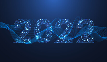 Fototapete - Modern futuristic technology template illustration for Merry Christmas and Happy New Year 2022 with connected lines and dots. Plexus geometric effect. Global network connection.