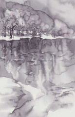  Winter landscape in grey color watercolor background