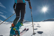 Ski Mountaineer Climbs On Tracks With Sealskin