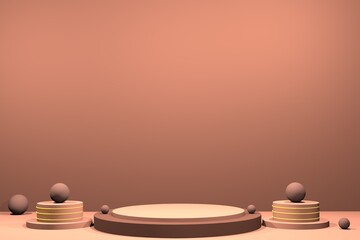 Pedestal on a light brown background and brown balloons concept. Background color chocolate 3D renderer scene.