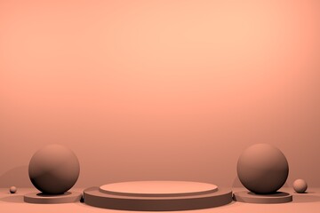 Pedestal on a light brown background and brown balloons concept. Background color chocolate 3D renderer scene.