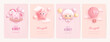 © AM_art - Set of baby shower invitation with cartoon horse, baby girl, hot air balloon and helium balloons on pink background. It's a girl. Vector illustration