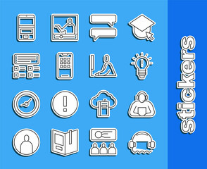 Sticker - Set line Headphones, Student, Light bulb with concept of idea, Speech bubble chat, Mobile, Online quiz, test, survey, Laptop and working laptop icon. Vector