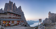 Panorama View From The Top Of The Mountain Of Pale Di San Martino In The Dolomites With Pradidali Refugio