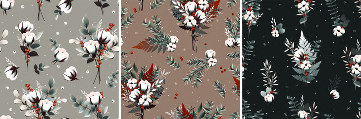  Set pattern with cotton, fir twigs, fern, snowflakes, vintage background. Vector illustration. Nature design. Season greeting. Winter forest. 