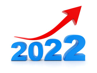 Wall Mural - Financial and economic growth in 2022 year with red arrow upwards. Red arrow up represents the growth in 2022 year in white background. Business success concept. 3d illustration