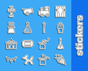 Sticker - Set line Festive confetti, Balalaika, Ice cream, Toy train, Party hat, Magician and rabbit ears, Attraction carousel and wand icon. Vector