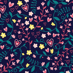 Seamless spring pattern with hearts and floral elements on dark background