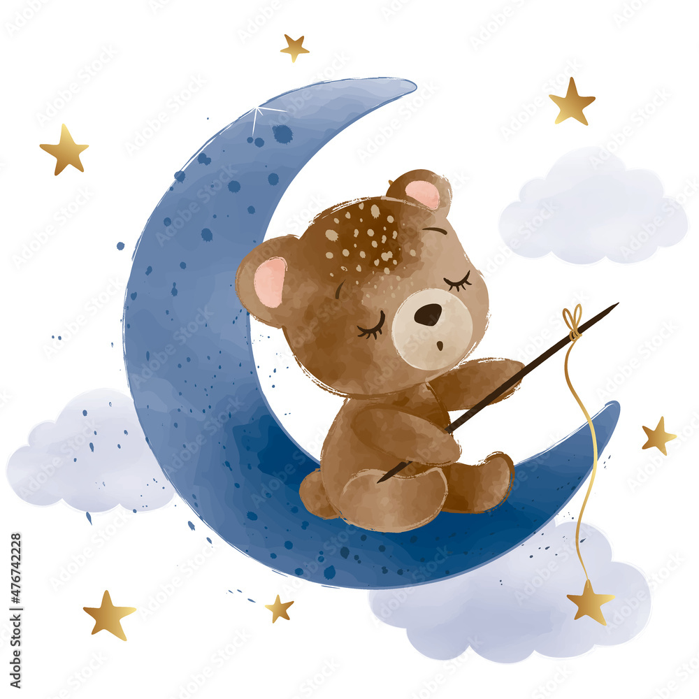 Cute little teddy bear is sitting on the moon and catching stars ...