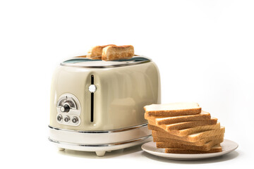 Retro toaster and toasted slices of bread and with slices of toast bread in a plate isolated on white background