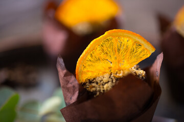 Sticker - Appetizing beautiful cupcake, beautiful still life with a delicious cake on the table. Sweet delicacy berry pudding in a pastry shop. beautiful food