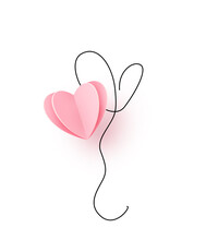 Pink Heart In Paper Cut 3d Style With Continuous Line Heart Balloon Isolated On White Background For Valentines Day, Wedding Design Template. Love Relationship Romance Creative Vector Illustration