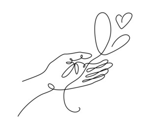 Wall Mural - human hand hold balloon in heart shape. vector illustration in continuous line style. creative offer