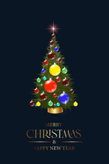 Wall Mural - Merry Christmas and New Year - vector greeting card with a greeting inscription. Christmas tree with colorful glass balls.