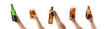 Collage Of Male Hands Holding Different Alcohol Glasses And Bottles Isolated Over White Background