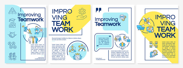 Improving teamwork blue and yellow brochure template. Booklet print design with linear icons. Vector layouts for presentation, annual reports, ads. Questrial-Regular, Lato-Regular fonts used