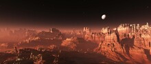 Martian Landscape, Sunset On Mars, Mars At Sunrise, Panorama Of Mars, The Face Of Mars, 3D Rendering