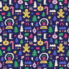 Winter Seamless Pattern With Christmas Tree Toy, Snowman, Snowflake, Snowball, Fir Tree, Gingerbread Man. Cloth Design, Wallpaper, Wrapping. Vector Illustration.