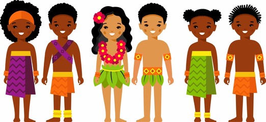 Wall Mural - Vector illustration of african-american, hawaiian children people