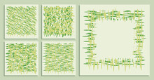 Abstract Square Backgrounds Of Small Hand Drawn Chaotic Young Green Leaves. Random Children Doodles Of Scribbles. Isolated Vector