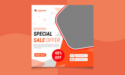 Wall Mural - weekend special offer discount social media post design template. Vector design with place for the photo. Suitable for social media posts, banners, and web banner ads design.