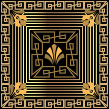 Square Greek Style Floral Pattern. Abstract Flowers With Square Frames, Borders. Greek Key, Meanders. Line Art Striped Modern Gold Ornaments. Vector Ornamental Background. Elegant Ornate Design