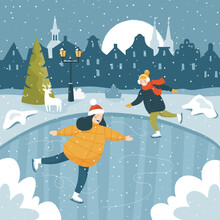 Two Girls Ice Skating On A Rink On A Cosy And Snowy Winter Day. Old Town Houses On The Background. Winter Sport Activity Outdoor. Holiday Fun. Vector Illustration. 